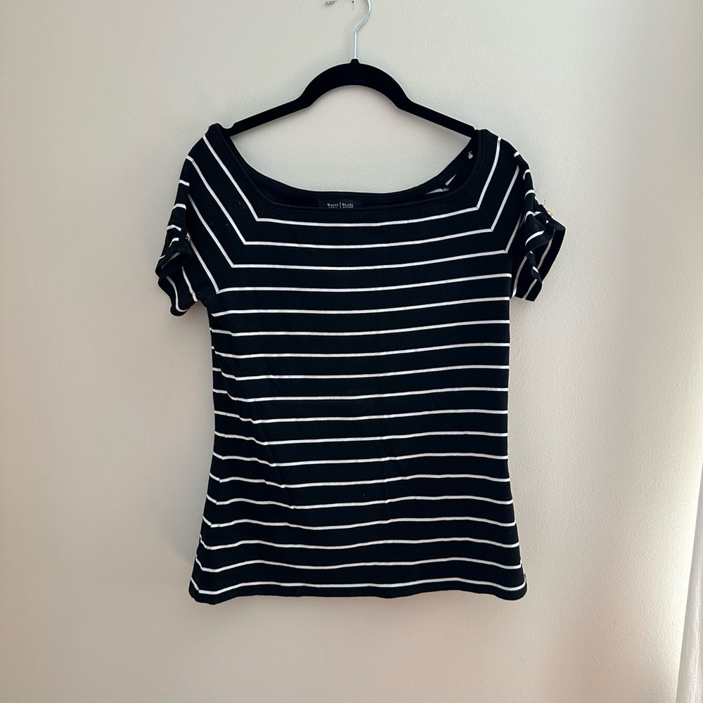 WHBM Black and White Striped Square Neck T with Buttons - Picture 5 of 6
